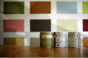 Paint cans on table