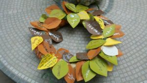 Wreath made of paper leaves with words written on them